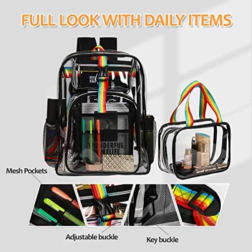 Сверхпрочный Прозрачен раница от 2 теми (Rainbow/черно), Водоустойчив Прозрачна чанта, изработена от PVC С Косметичкой, Прозрачна чанта за книги и за ланча, Одобрен стади?
