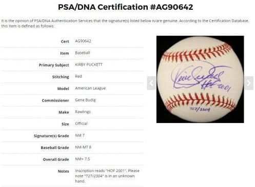Кърби Пакетт подписа договор с ХОФОМ в Американската лига бейзбол 2001 г., бейзболни топки клас PSA С автограф