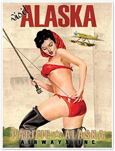 Рекламен плакат за пътуване Visit Alaska Airways: Момичето в ретро стил Улов на риба в Арктика Тундрата - размери 18