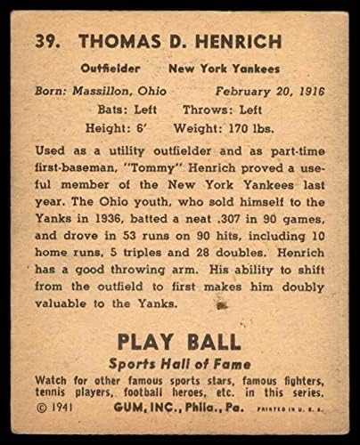 1941 Play Ball 39 Томи Хенрих Ню Йорк Янкис (Бейзболна картичка) VG Янкис
