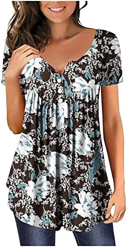 Блуза с Цветен Модел, Риза за Дами, Лято-Есен, Памук Къс Ръкав, V-Образно Деколте, Без Приятелка, Ежедневни Тениска
