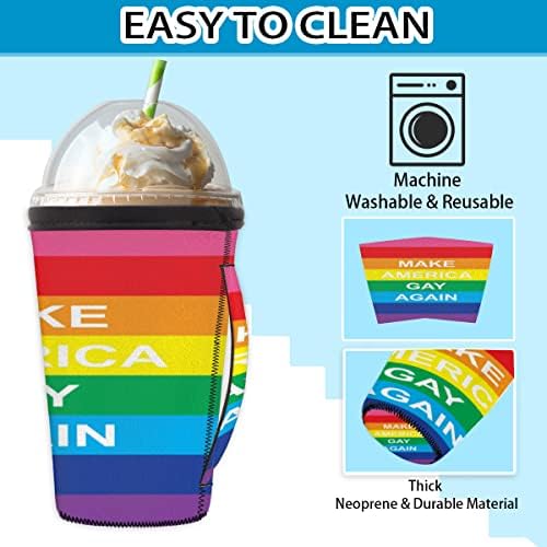 Шарени многократна употреба ръкав за кафе с лед Rainbow Pride с дръжка от неопрен за Напитки, кафе лате, Чай, Напитки,
