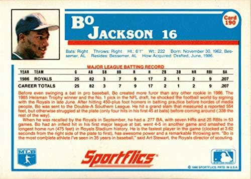 1987 Спортен бейзбол 190 Карта начинаещ Бо Джексън
