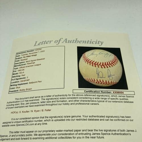 Санди Куфакс, Нолан Райън и Боб Фелер подписа договор с Американската лига бейзбол JSA COA - Бейзболни топки с автографи