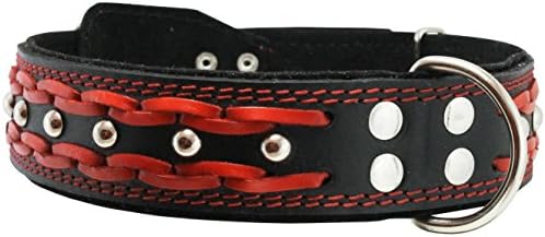 Нашийник за кучета с плетена шипове от естествена кожа, червени на цвят черен, ширина 1,75 инча. Подходящ за шията 22