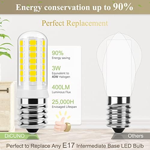 Led лампа DiCUNO E17 с регулируема яркост, Лампи за микровълнова фурна, Дневна Бяло 5000 К, 3 W (подмяна на халогенни