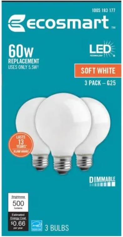 EcoSmart 60-Ватов Еквивалент на G25 Globe, С регулируема яркост, Светодиодна лампа с нажежаема жичка Energy Star, Реколта