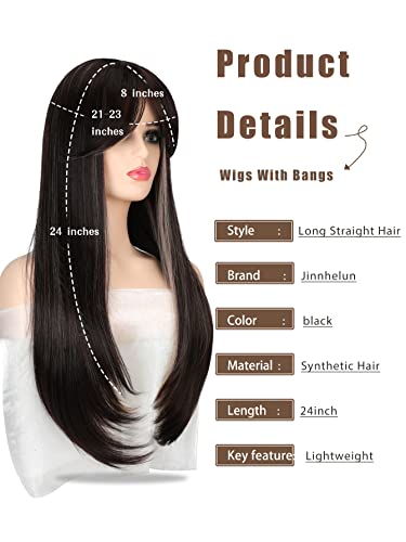 Дълги многослойни перуки за жени, синтетичен права перука с бретон, естествен вид средна част, перуки за ежедневна употреба (черно разход blond)