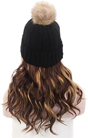SCDZS Модни дамски шапка за коса, една черна вязаная шапка, перука, дълга къдрава кестен перука с подсветка, плюс шапка,