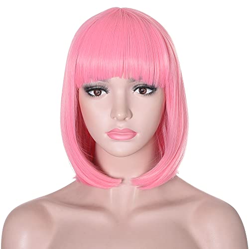 FANNICA Къси розови директни перуки Боб с бретон, пълен с огнеупорни перука на косата за жени cosplay,...